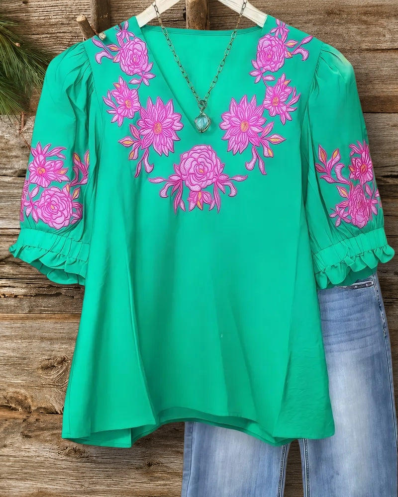 Floral Embroidery Sophisticated V Neck Blouse