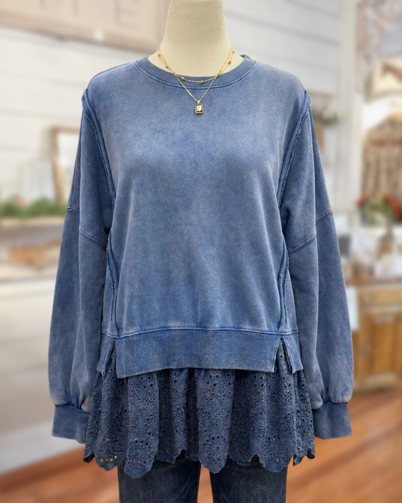 Crew Neck Exposed Seam Layered Eyelet Hem Loose Sweatshirt