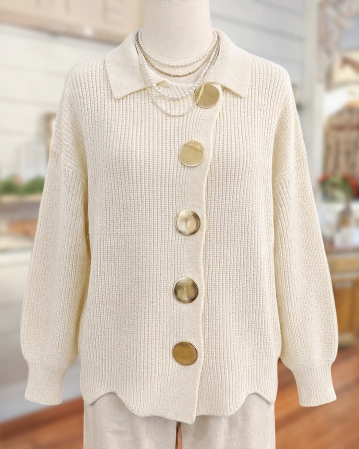 Solid Color Large Metal Buttons Irregular Hem Chic Knit Cardigan