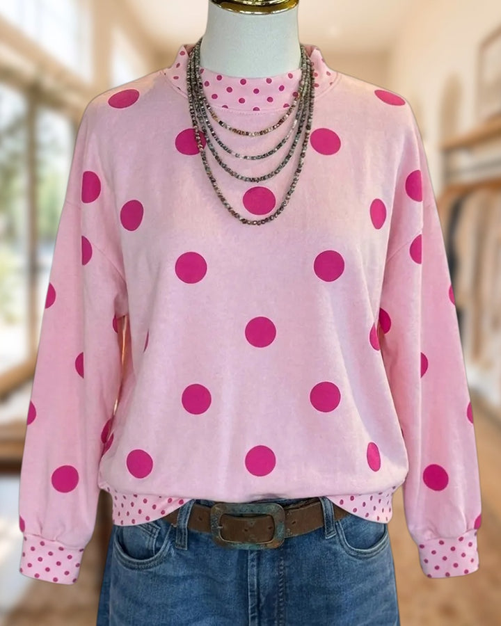 Polka Dot Print Mock Neck Long Sleeve Casual Sweatshirt