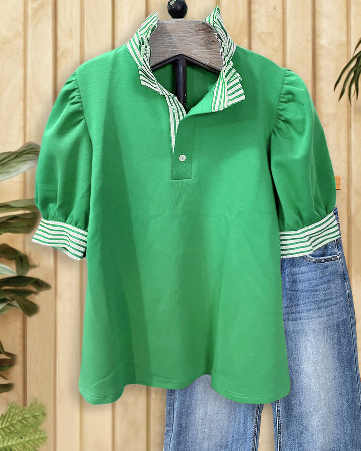 Striped Trim Puff Sleeve Commuting Blouse