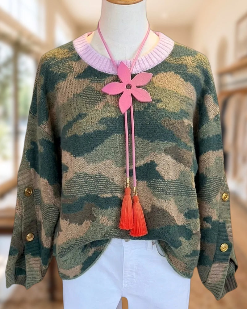 Camouflage Print Contrast Neck Button Detail Cozy Knit Sweater