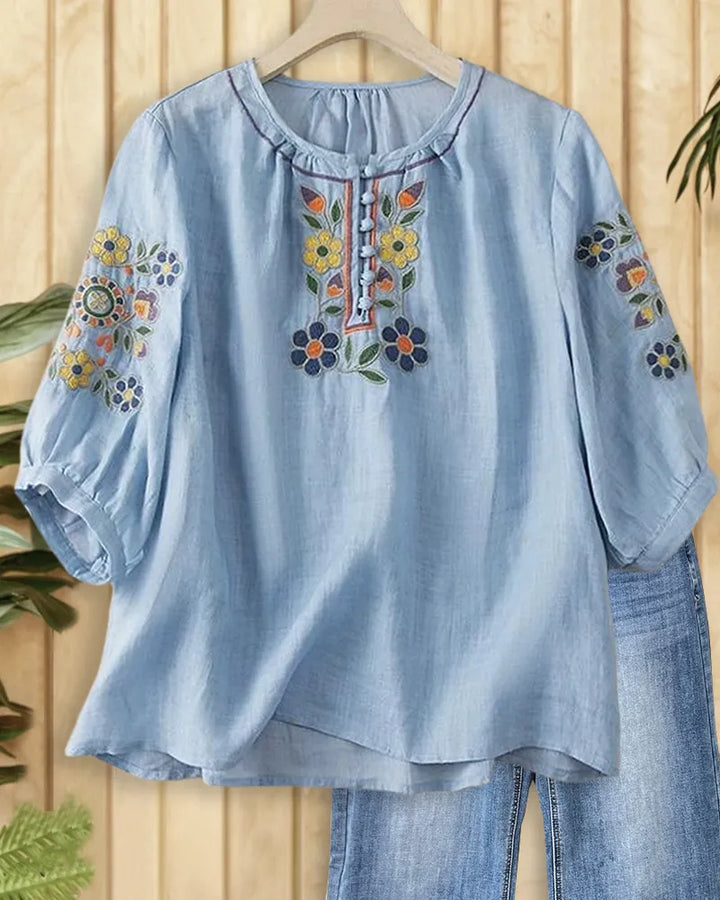 Embroidered Puff Sleeve Ruffled Neck Button Placket Blouse