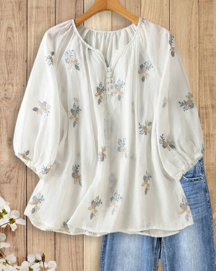 Floral Embroidered Puff Sleeve V Neck Button Front Blouse