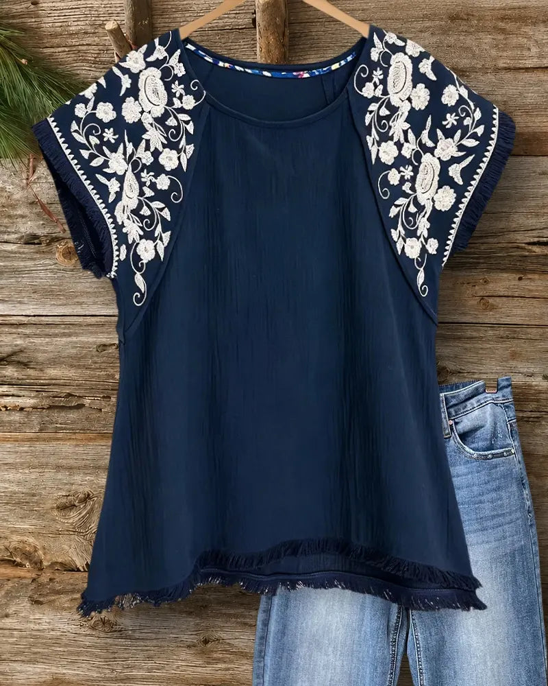 Floral Embroidery Tassels Trim Round Neck Boho Blouse