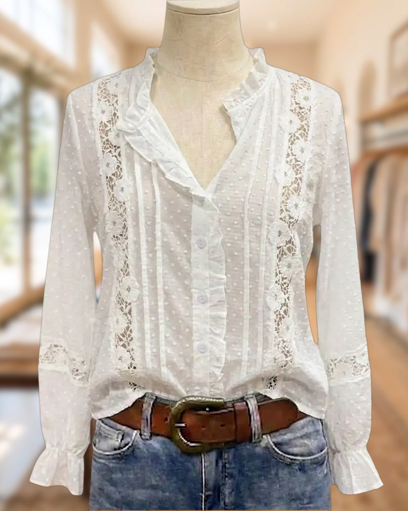 Swiss Dot Lace Trim Ruffled V Neck Long Sleeve Blouse
