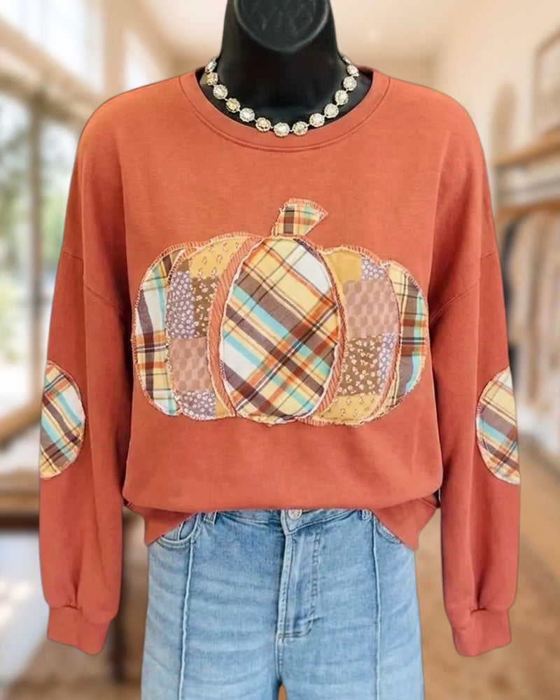 Patchwork Pumpkin Applique Elbow Patch Crew Neck Casual Sweatshirt