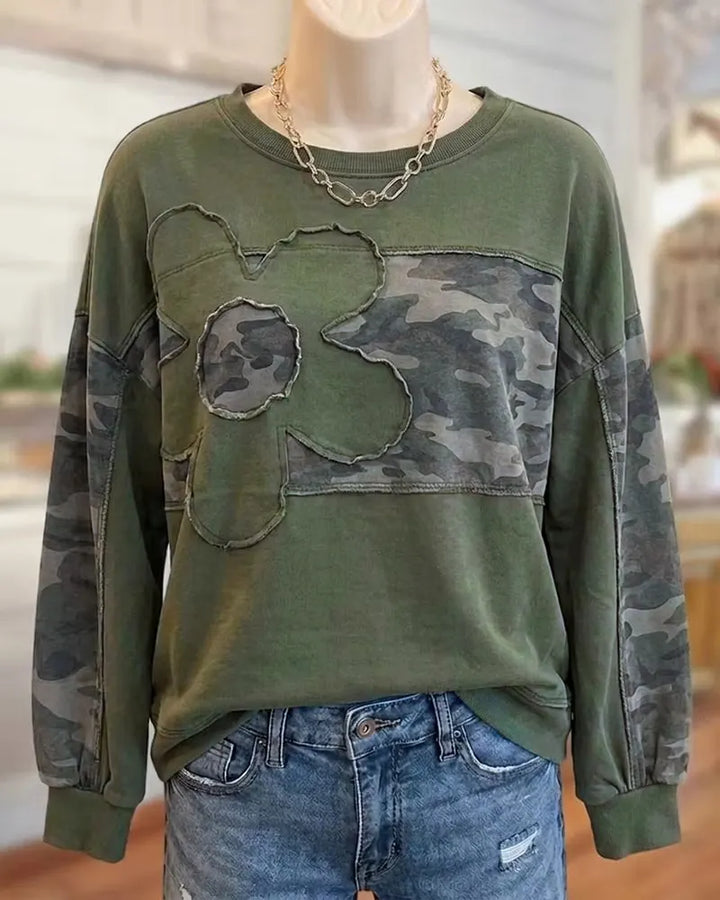 Plaid Patchwork Applique Raw Edge Crew Neck Loose Casual Sweatshirt
