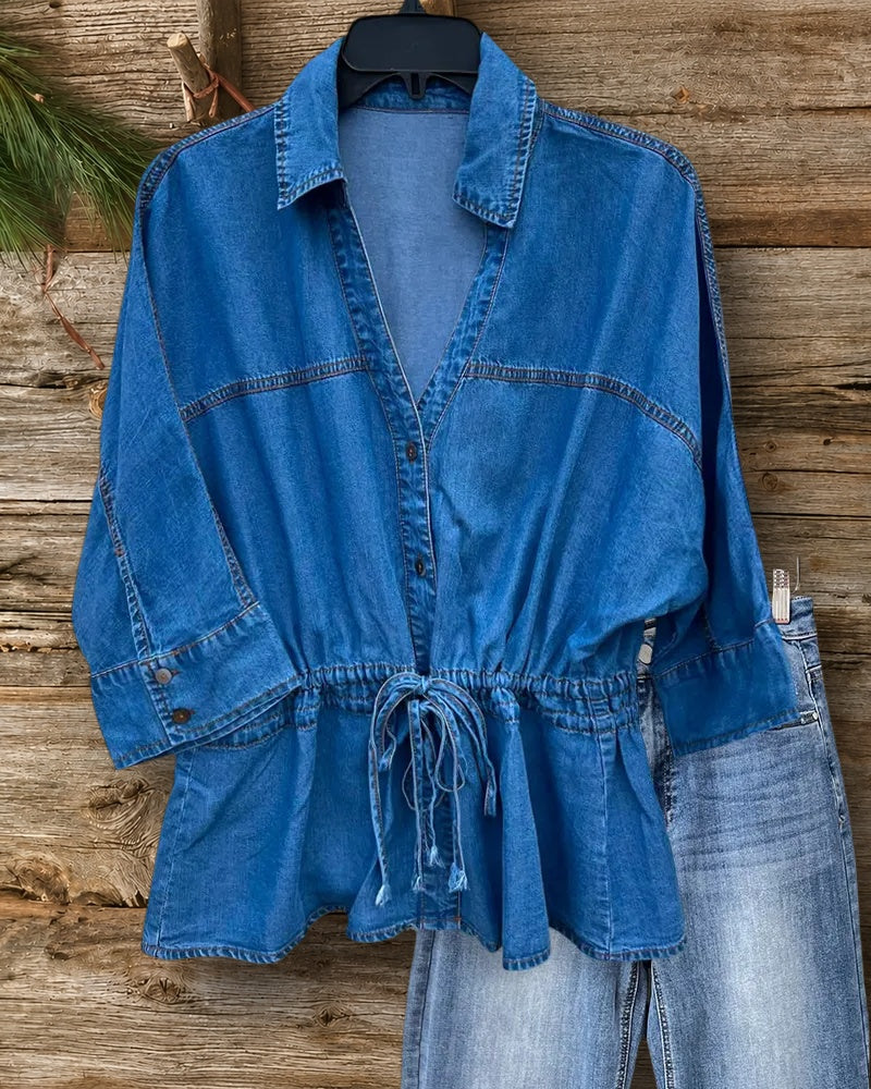 Shirt Collar Button Front Drawstring Waist 3/4 Sleeve Peplum Blouse