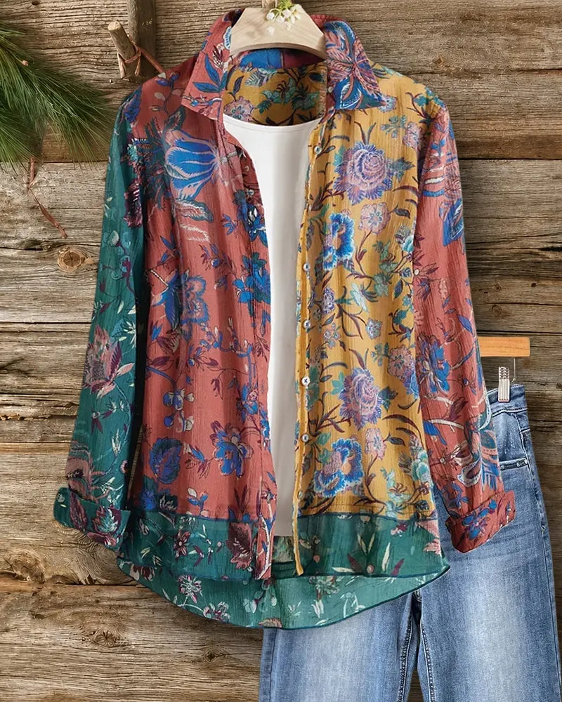 Patchwork Floral Print Button Front Collared Long Sleeve Casual Shirt