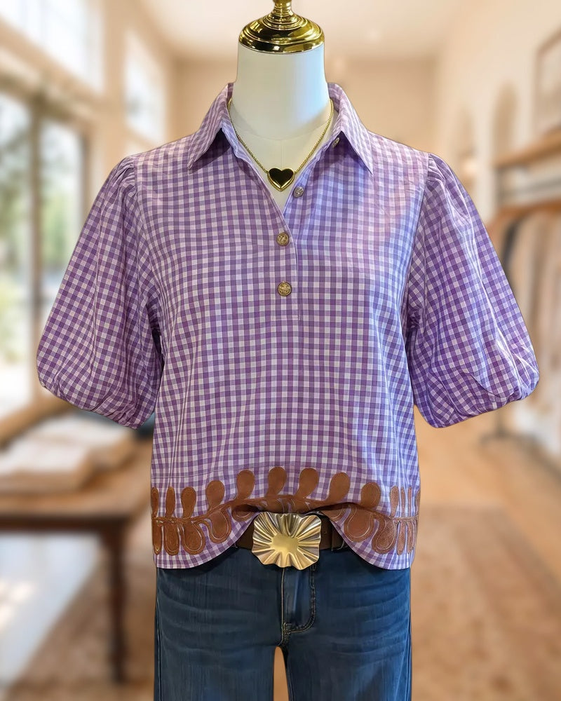 Abstract Print & Gingham Feminine Puff Sleeve Shirt