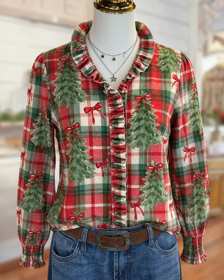Ruffle Trim Christmas Print Button Front Smocked Cuff Blouse