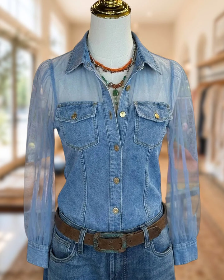Denim Contrast Sheer Long Sleeve Flap Pocket Button Up Shirt