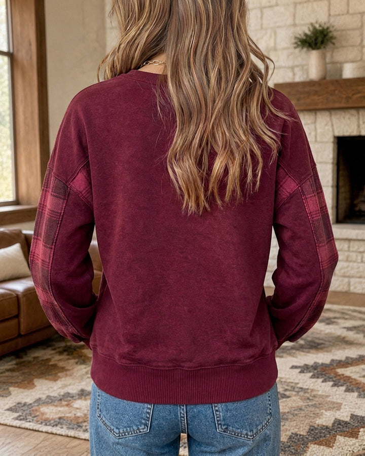 Plaid Patchwork Applique Raw Edge Crew Neck Loose Casual Sweatshirt