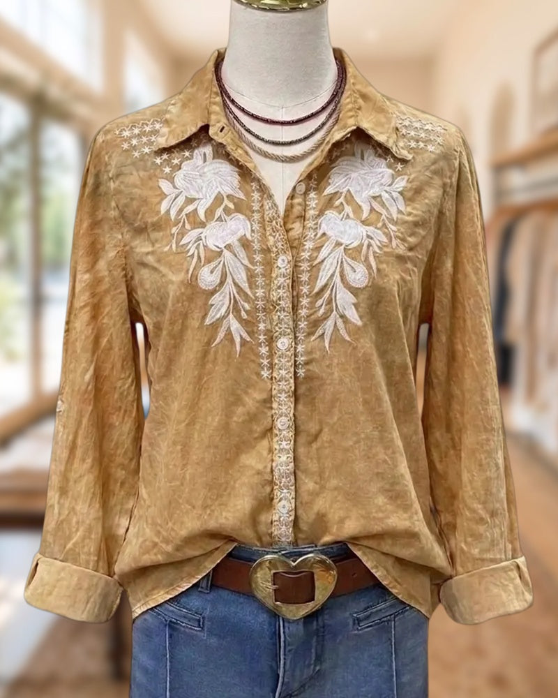Floral Embroidery Button Front Collared Long Sleeve Casual Shirt