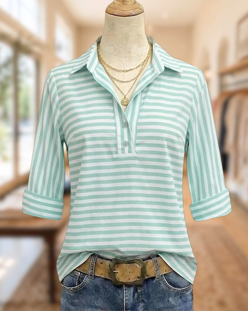 Collared Striped Half Placket Rolled Cuff Casual Shirt
