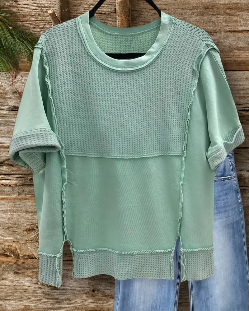 Waffle Patchwork Cozy Round Neck Solid Color T-Shirt