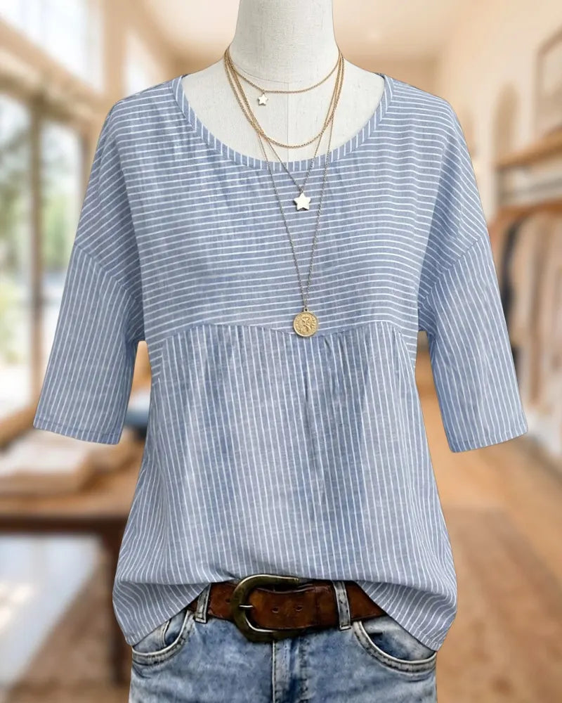 Striped 3/4 Sleeve Round Neck Loose Casual Blouse