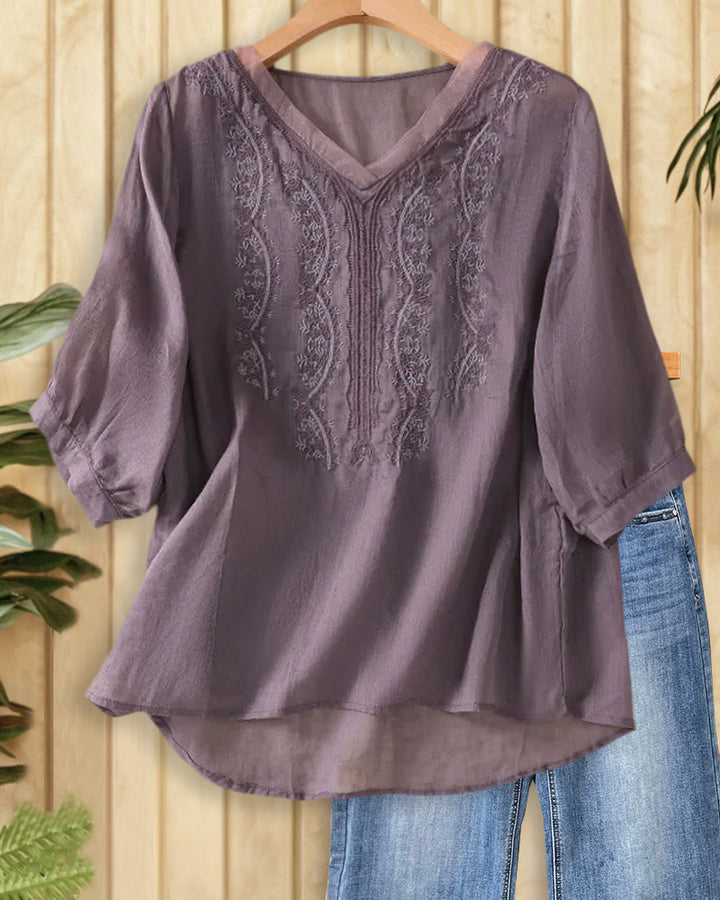 V Neck Floral Embroidery 3/4 Sleeve Blouse