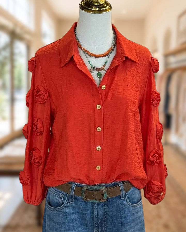 Collared Button Front 3D Flower Decor Long Sleeve Blouse