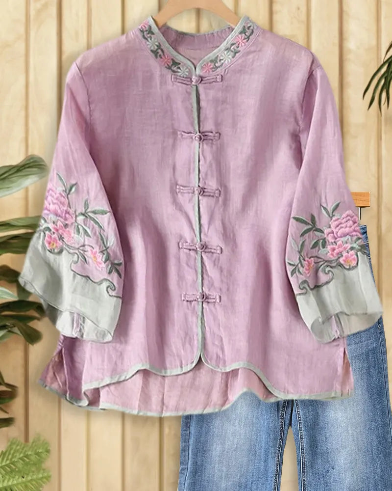 Mandarin Collar Frog Closure Embroidered Flare Cuff Blouse