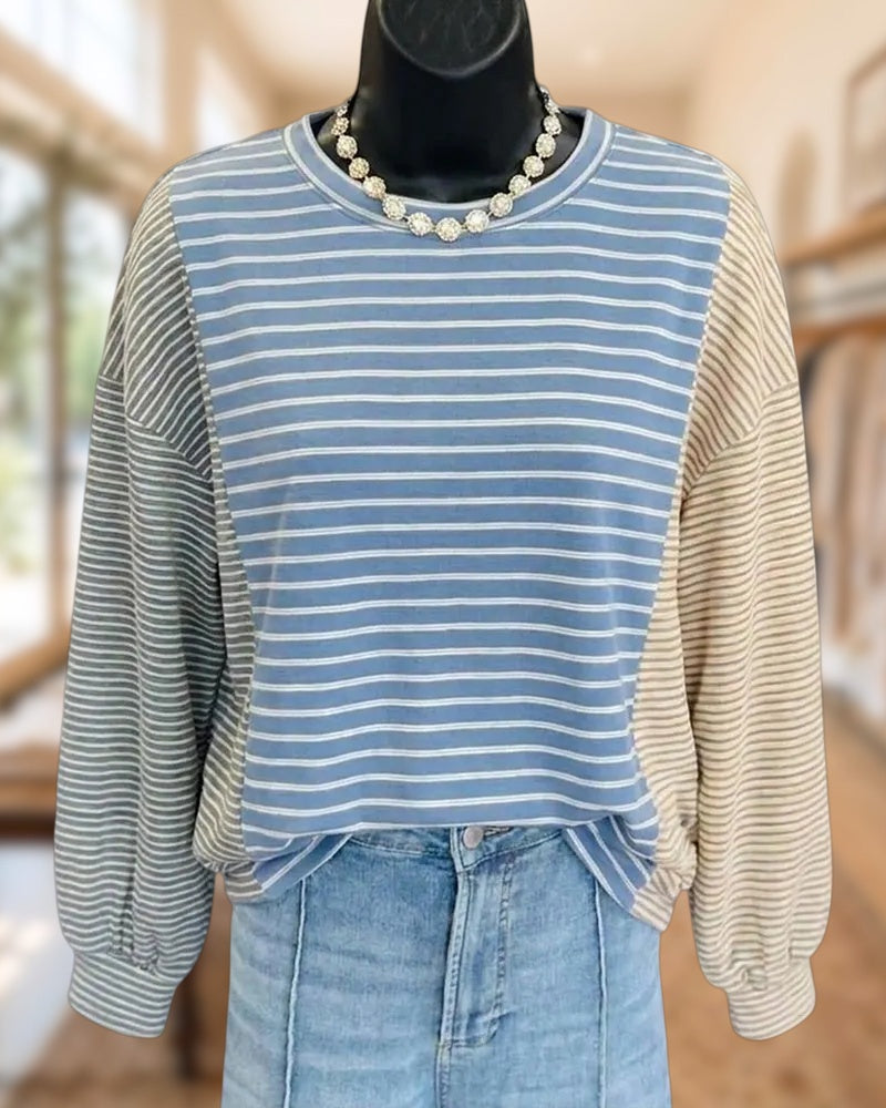 Contrast Sleeve Striped Crew Neck Loose Casual Long Sleeve Top