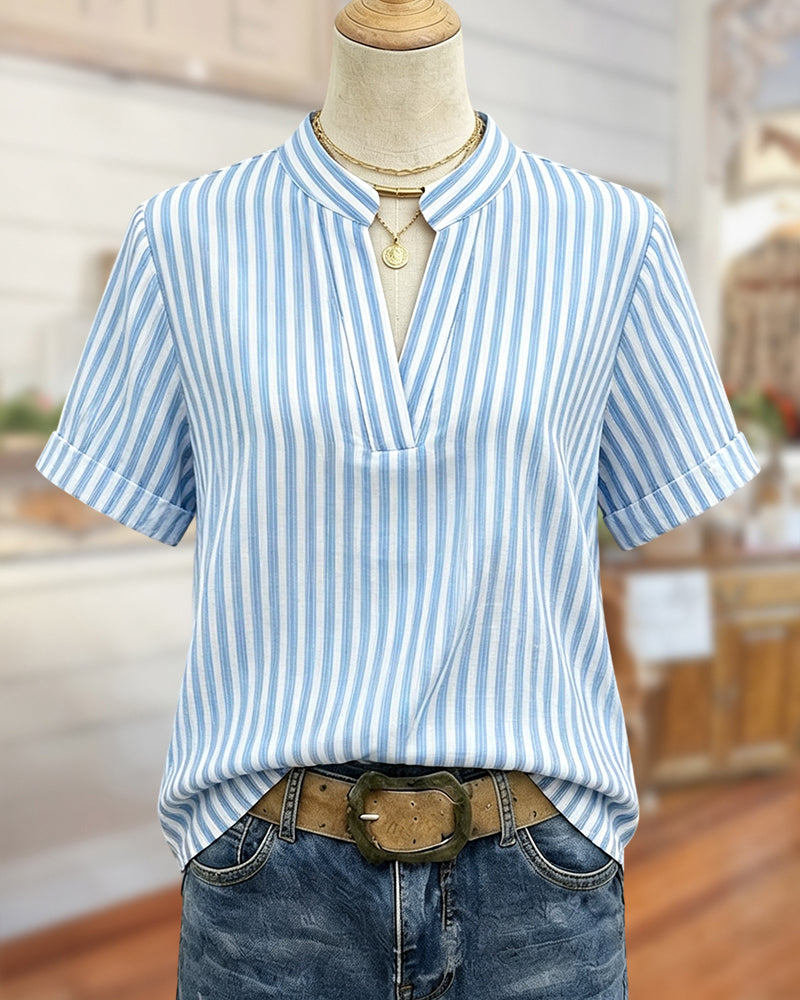 Striped V Neck Short Sleeve Simple Blouse