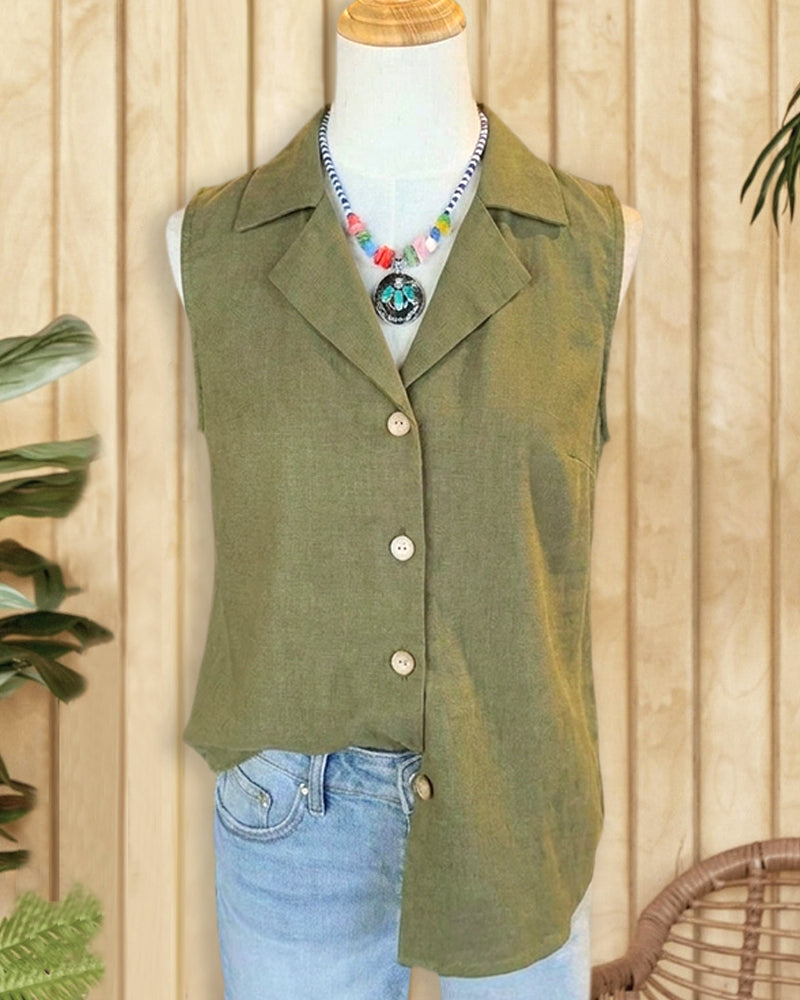 Sleeveless Collared Button Front Asymmetrical Hem Casual Shirt