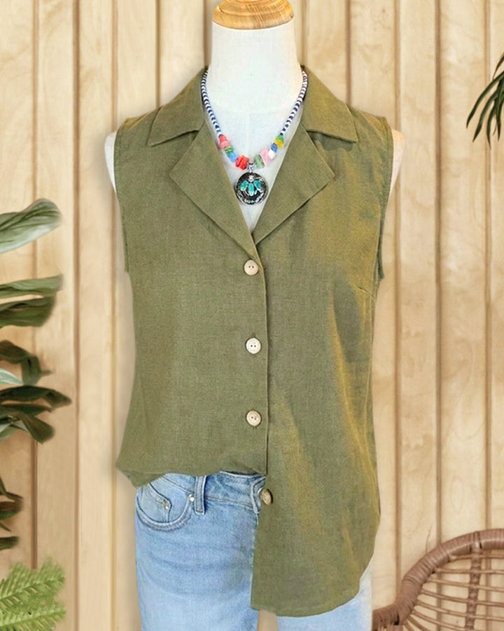 Sleeveless Collared Button Front Asymmetrical Hem Casual Shirt