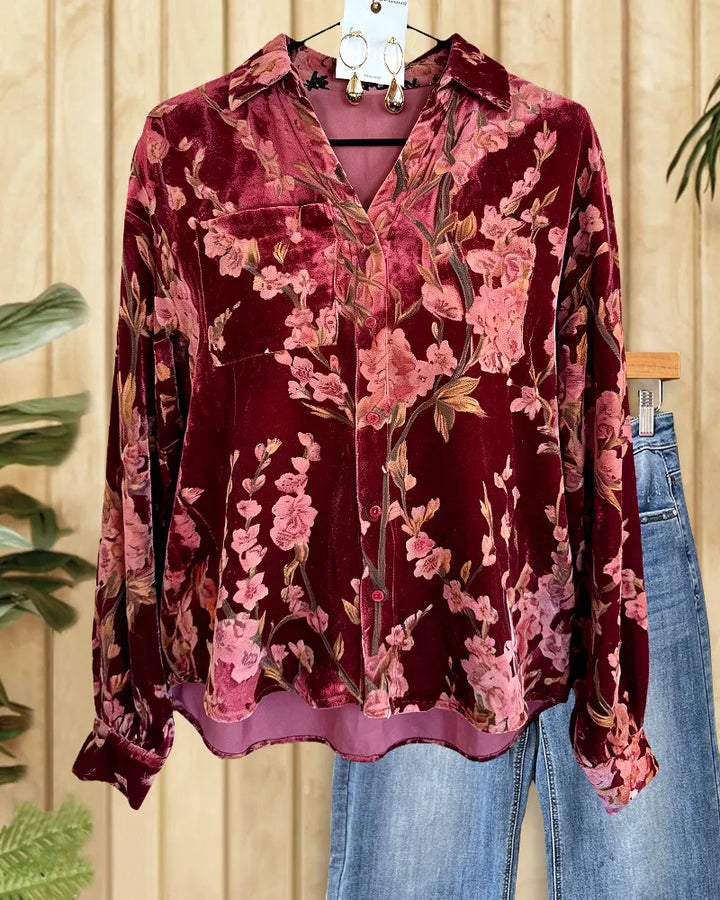 Velvet Floral Print Classic Button Up Shirt