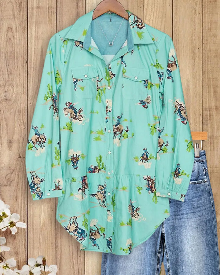 Western Print Flap Pocket Snap Button Tiered Long Sleeve Shirt