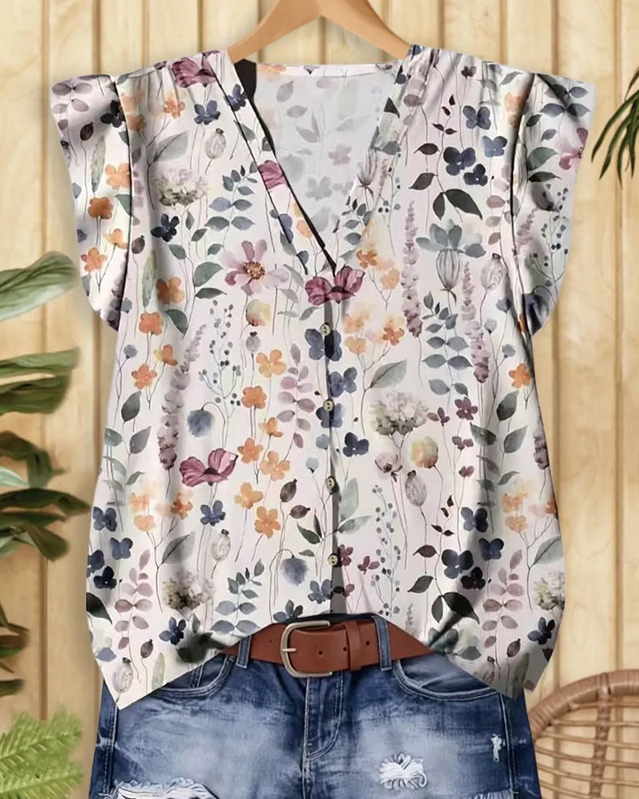 Ruffle Trim V Neck Textured Flutter Sleeve Casual Blouse