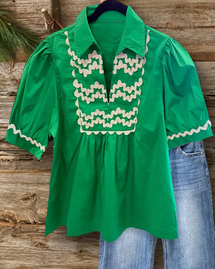 Hit Color Ricrac Decor V Neck Unique Blouse