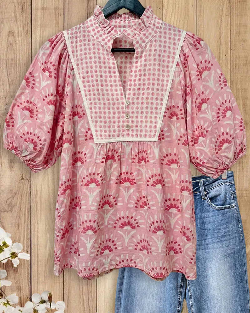 Ruffled Collar Puff Sleeve Floral Print Button Front Blouse