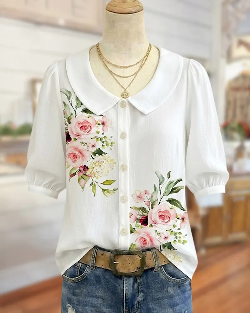 Peter Pan Collar Puff Sleeve Floral Print Button Front Blouse