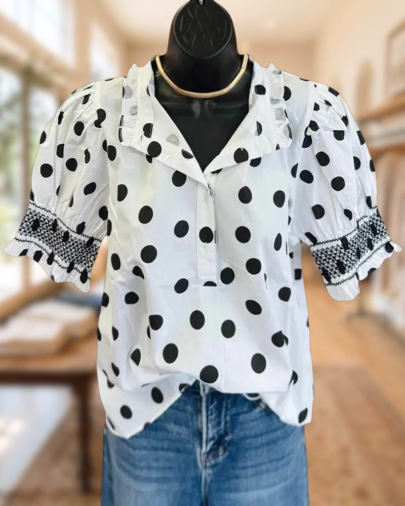 Polka Dot Puff Sleeve Ruffled Trim Lace Detail Casual Blouse