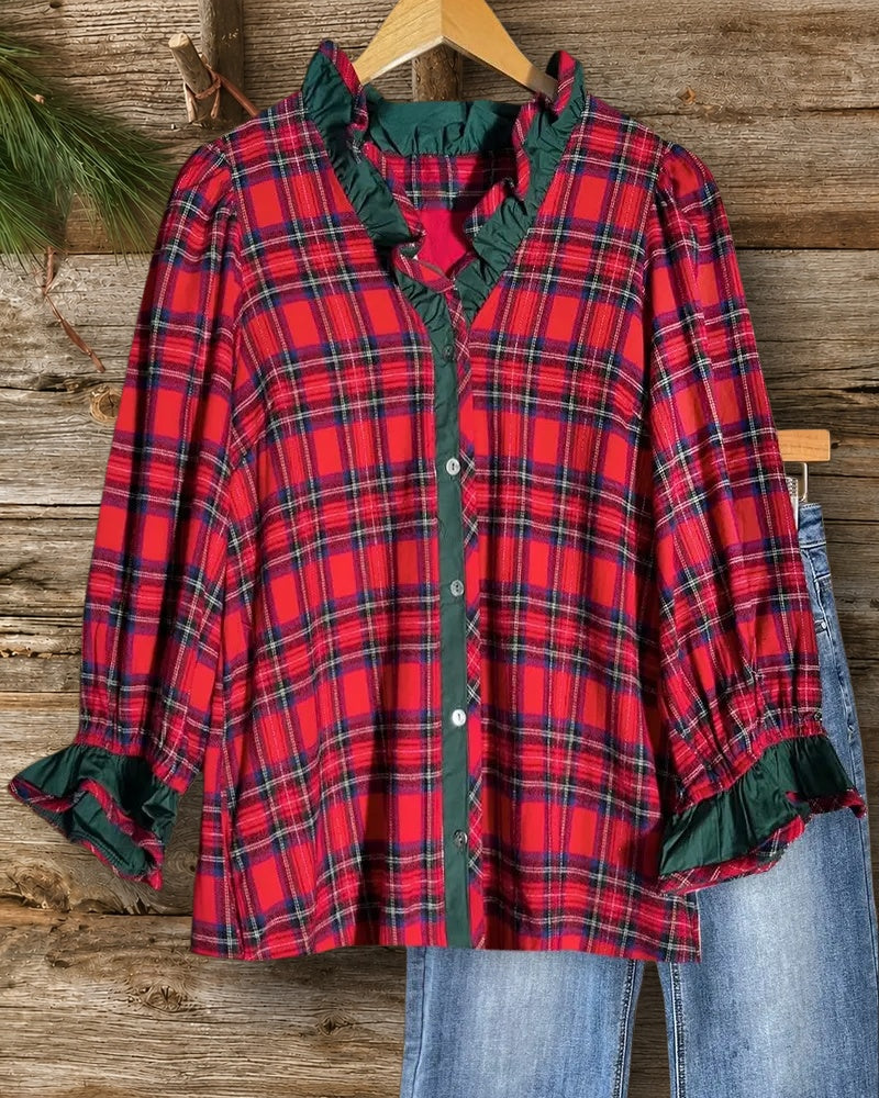 Plaid Classic V Neck Button Up Blouse