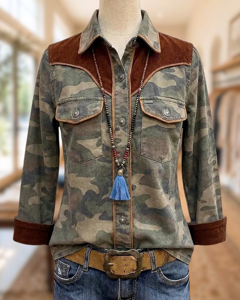 Camo Print Corduroy Accent Flap Pocket Button Front Shirt