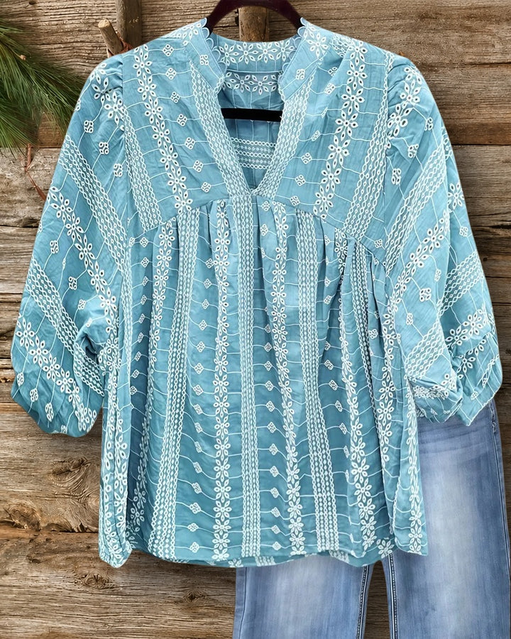 Playful Floral Embroidery Scalloped Trim V Neck Blouse