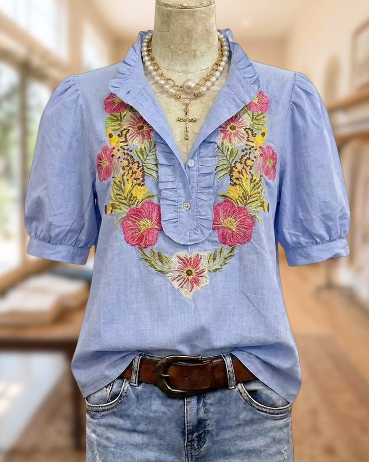 Floral Embroidered Puff Sleeve Ruffled Decor Chic Blouse