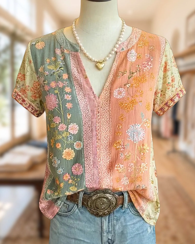 Floral Patchwork V Neck Short Sleeve Lace Trim Blouse