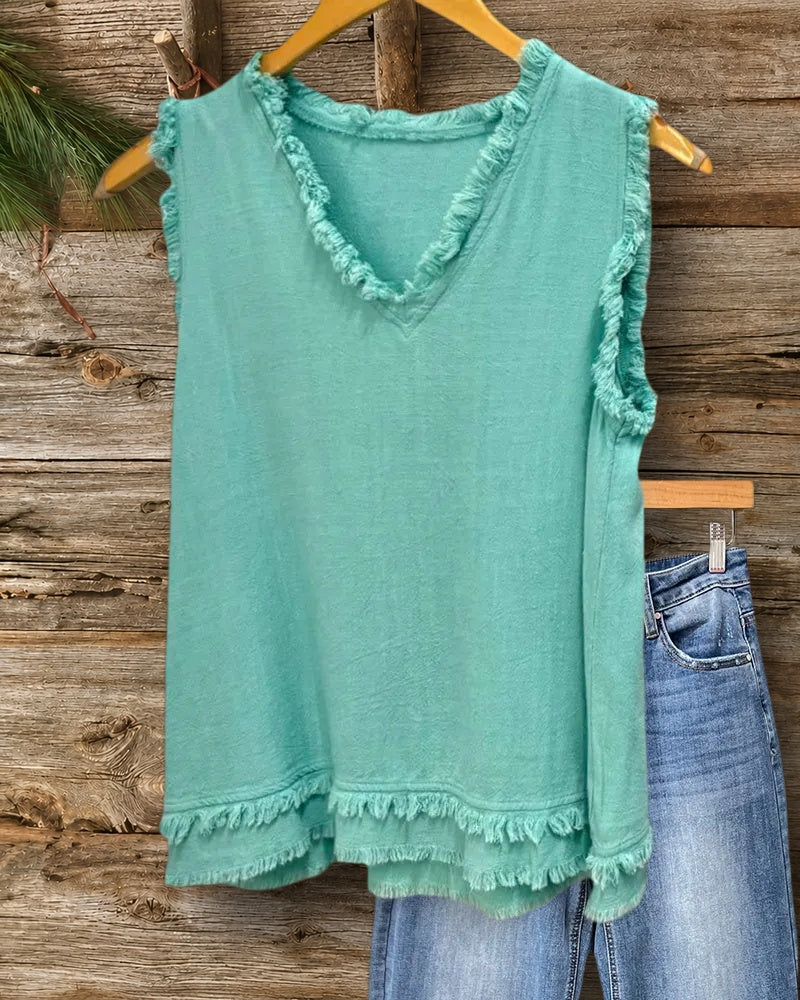V Neck Frayed Trim Sleeveless Layered Hem Casual Tank Top