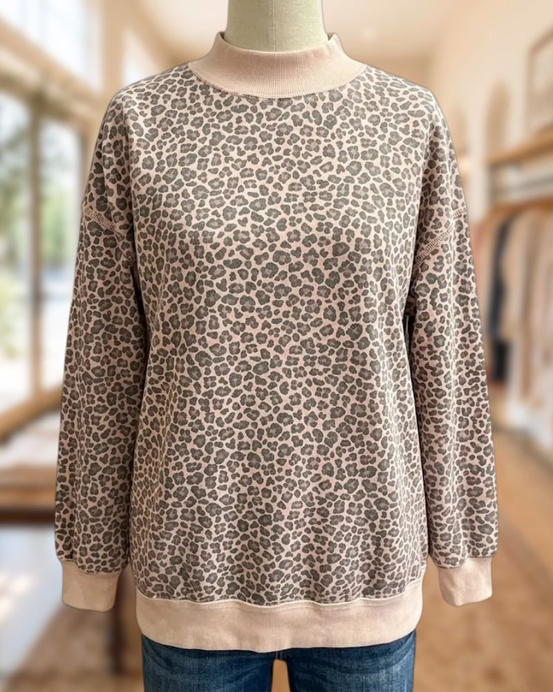 Leopard Print Mock Neck Long Sleeve Cozy Sweatshirt