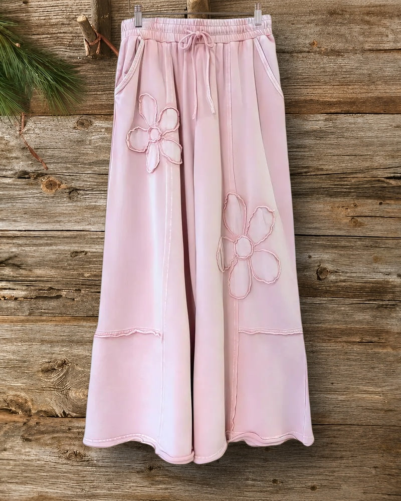 Solid Color Floral Applique Versatile Straight Leg Pants