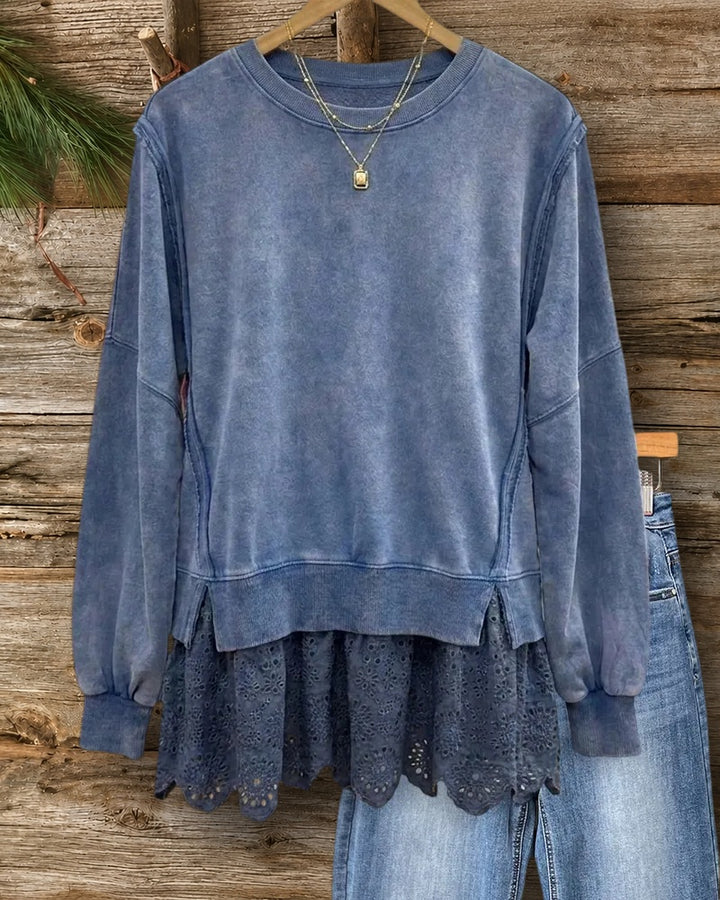Crew Neck Exposed Seam Layered Eyelet Hem Loose Sweatshirt