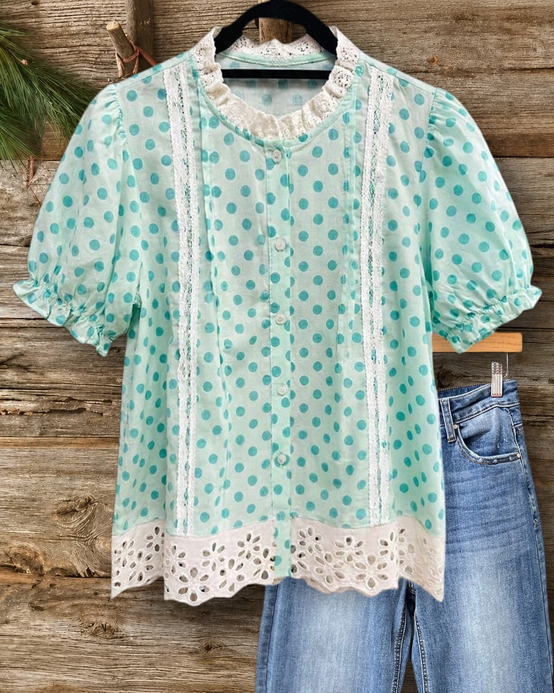 Polka Dot Puff Sleeve Lace Trim Ruffled Eyelet Blouse