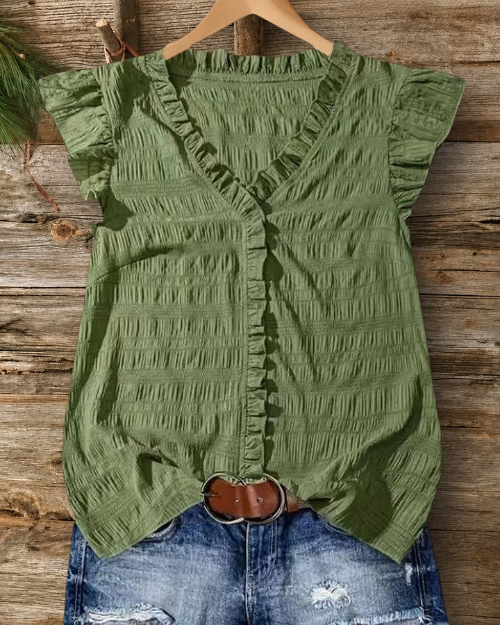 Ruffle Trim V Neck Textured Flutter Sleeve Casual Blouse