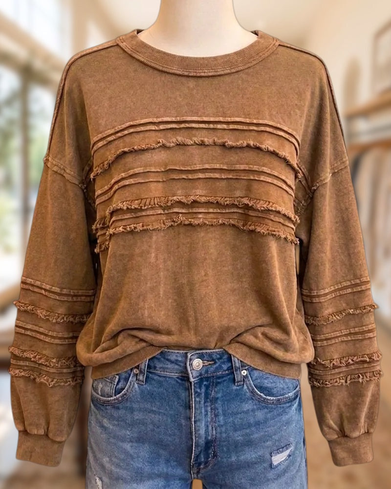 Frayed Trim Crew Neck Drop Shoulder Cozy Chic Sweatshirt