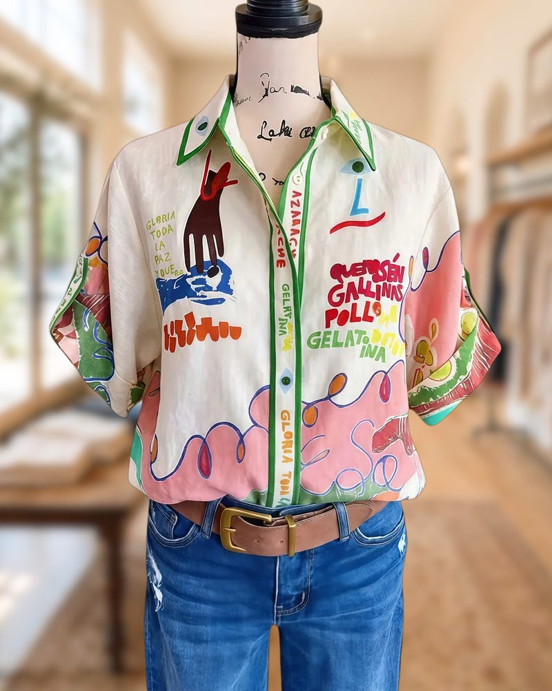 Cartoon Graffiti Print Urban Button Up Shirt