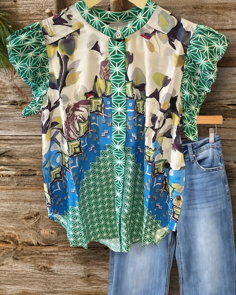 Mixed Print Patchwork Pastoral Ruffle Sleeve T-Shirt